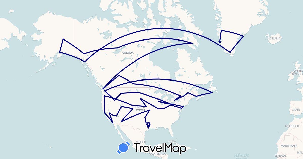 TravelMap itinerary: driving in Canada, Greenland, Saint Pierre and Miquelon, United States (North America)